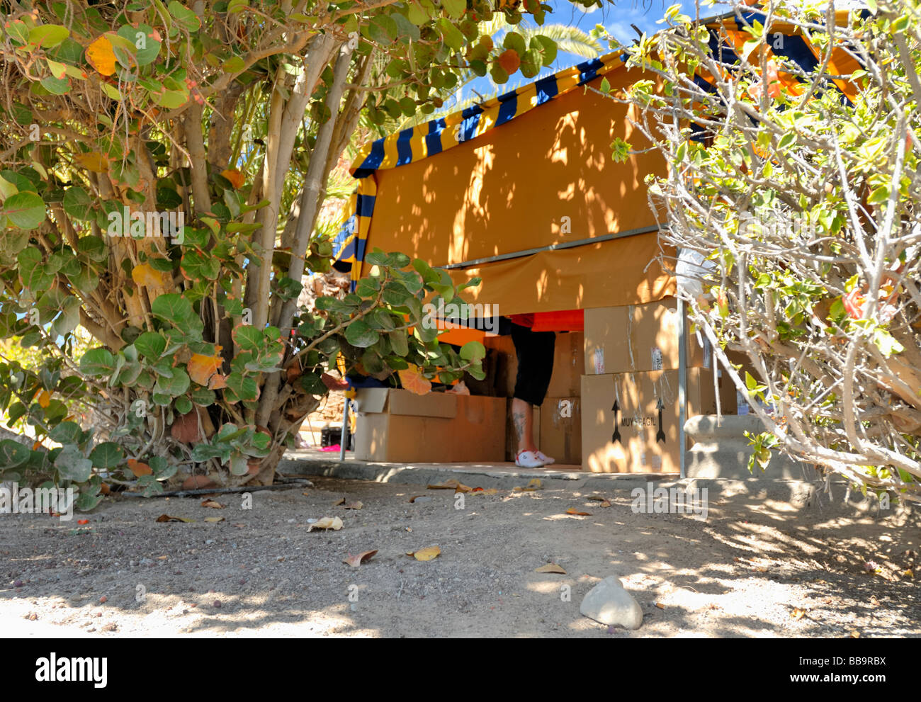 The tuesday market in Arguineguin village. View behind the vendors tent. Gran Canaria, Canary Islands, Spain, Europe. Stock Photo