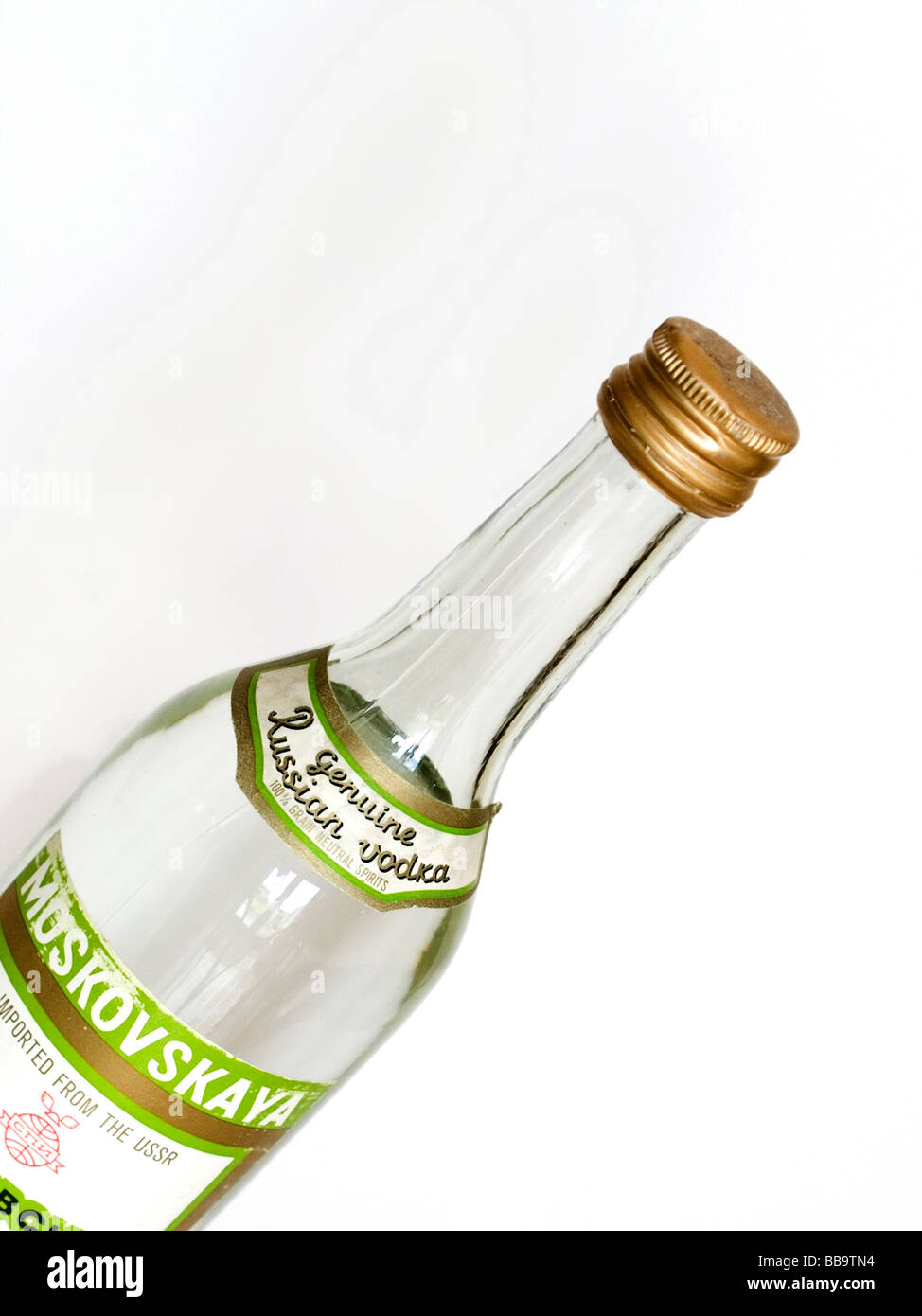 Cut out of a bottle of Genuine Russian Vodka imported from the USSR in 1988 on a white background Stock Photo