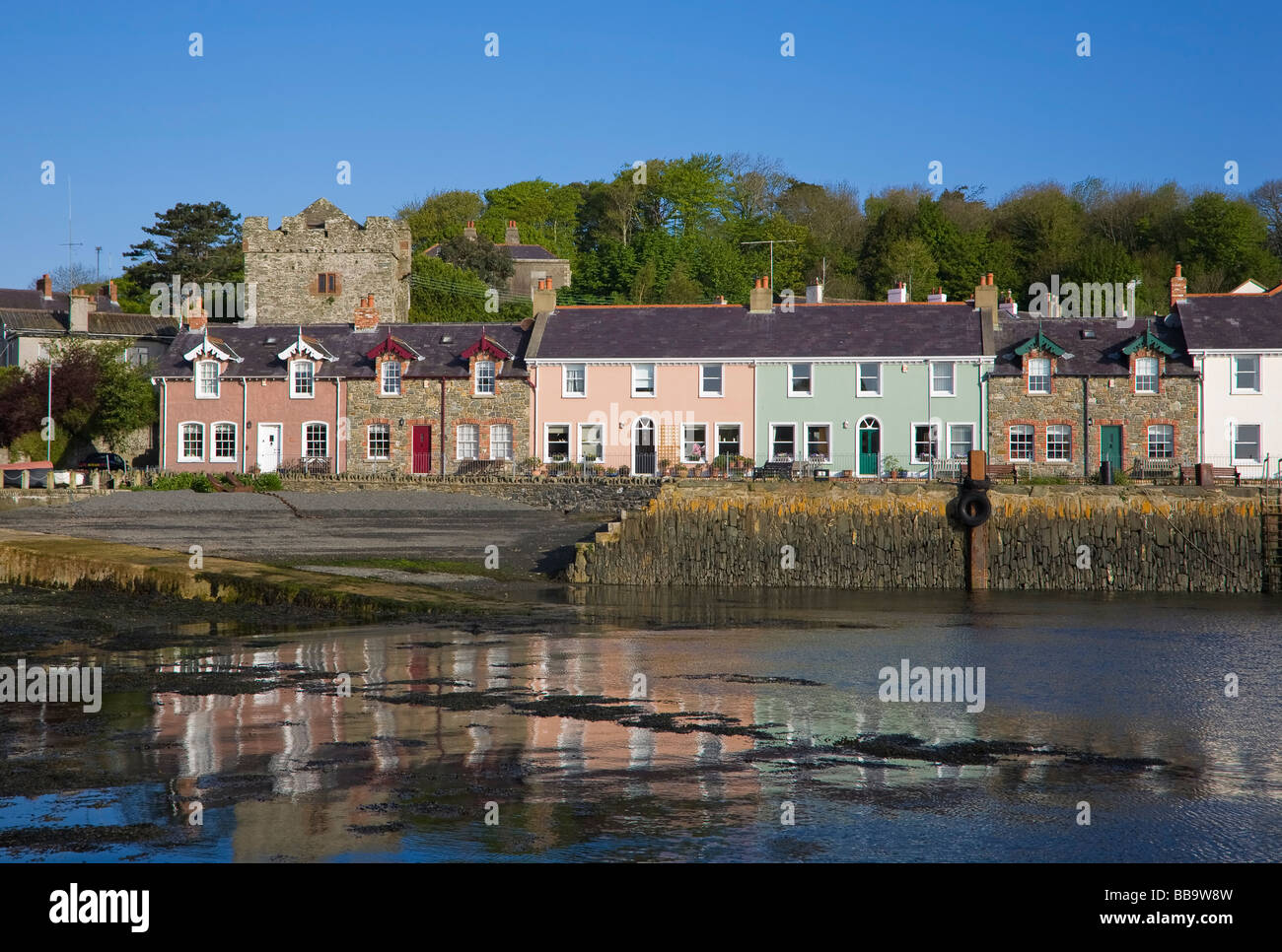 15th Century Strangford Castle or tower house overlooking the harbour, Strangford, County Down, Ireland Stock Photo