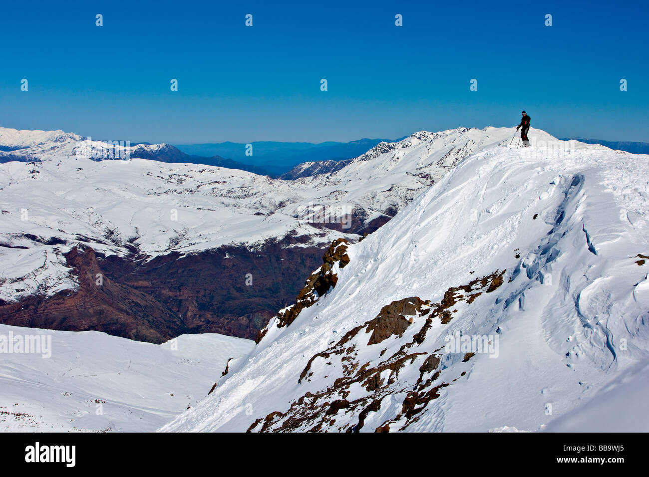 man on top of snowy mountain (Chilean Andes) Stock Photo