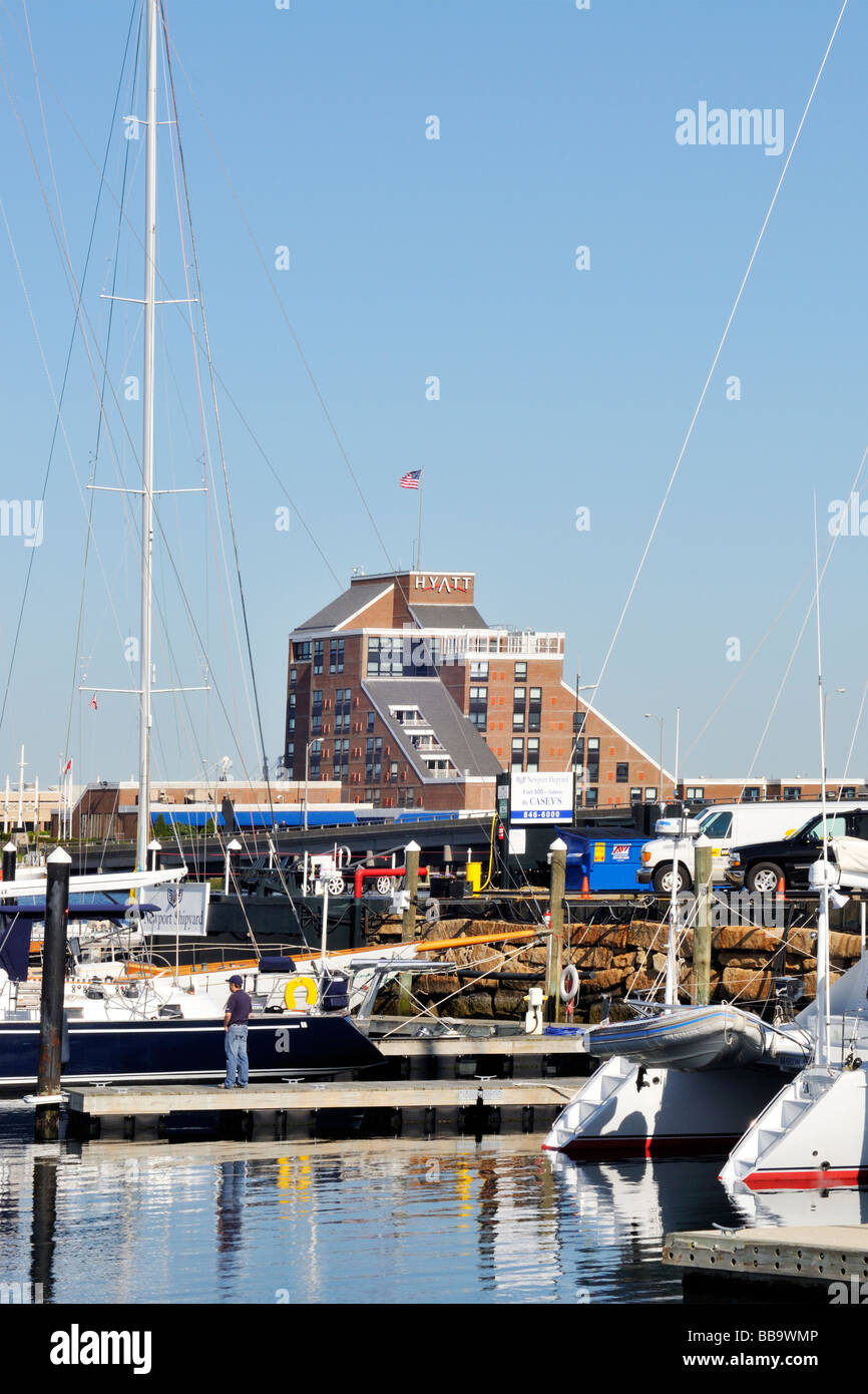 Newport Harbor Rhode Island with boats and view of the Hyatt Regency Hotel on Goat Island Stock Photo