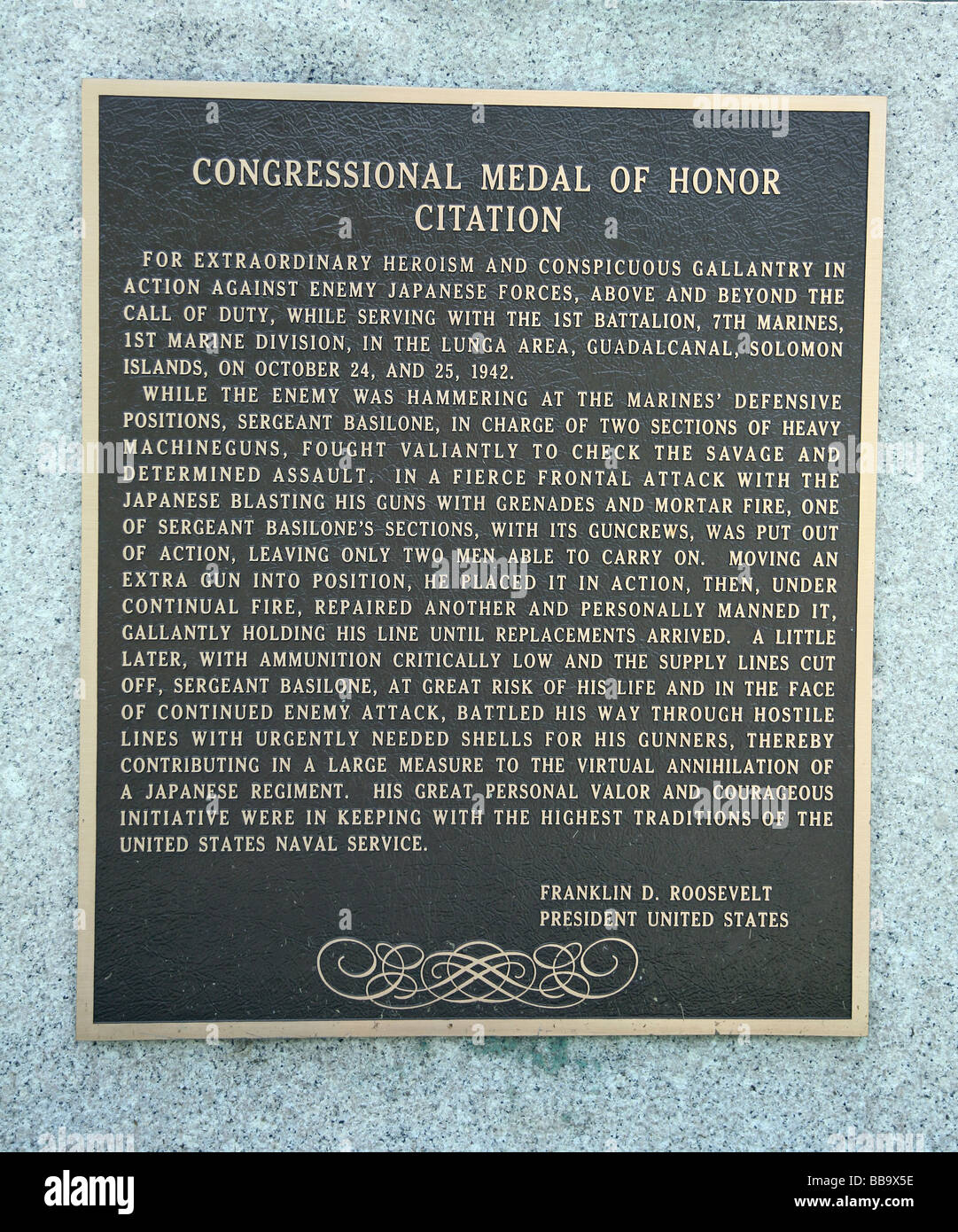 Bronze plaque on statue of John Basilone, Ratiran Boro, New Jersey, Somerset County NJ USA United States of America Marines Stock Photo