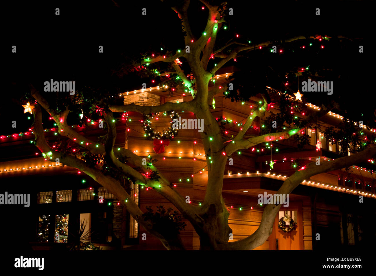 Home decorated with christmas lights Stock Photo