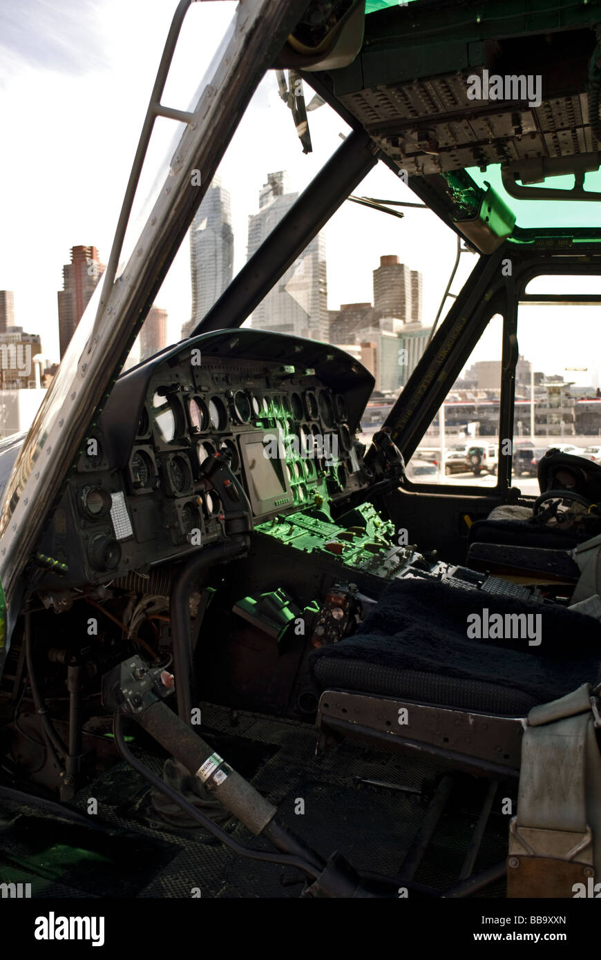 Cockpit of United States Marines Bell Huey helicopter on the USS Iwo Jima naval ship docked in New York City. © Craig M. Eisenberg Stock Photo