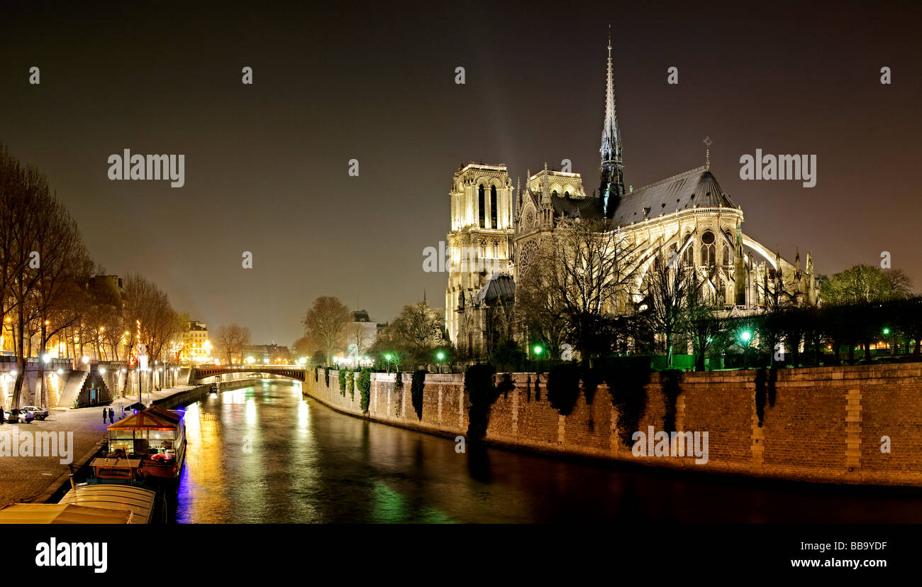 Notre Dame de Paris Cathedral at night with the River Seine in the foreground. Stock Photo