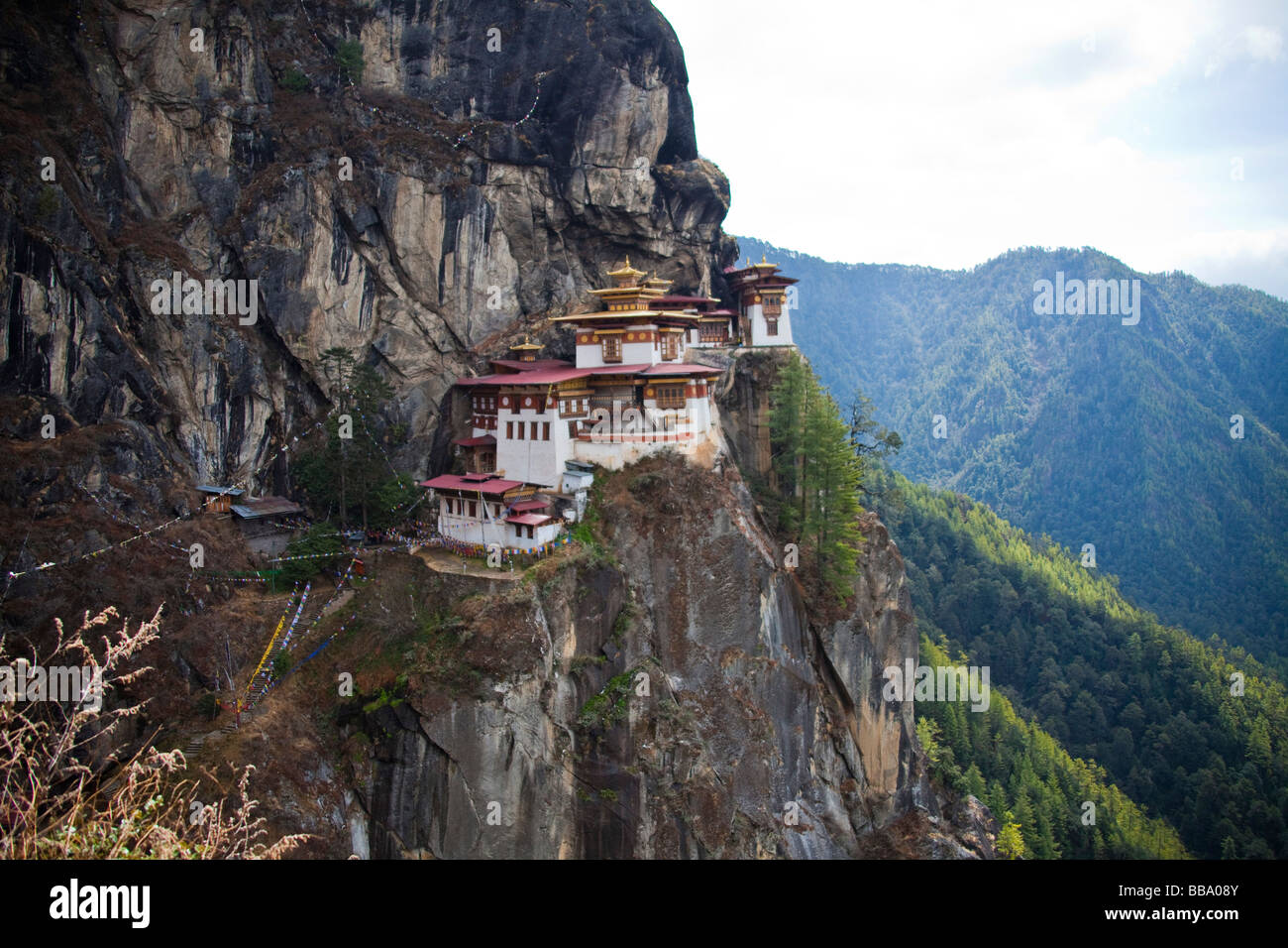 The Taktshang Monastery  or 'Tiger's Nest' near Paro, Bhutan Asia.92497 Bhutan-Drugyel-Dzong-Paro Stock Photo