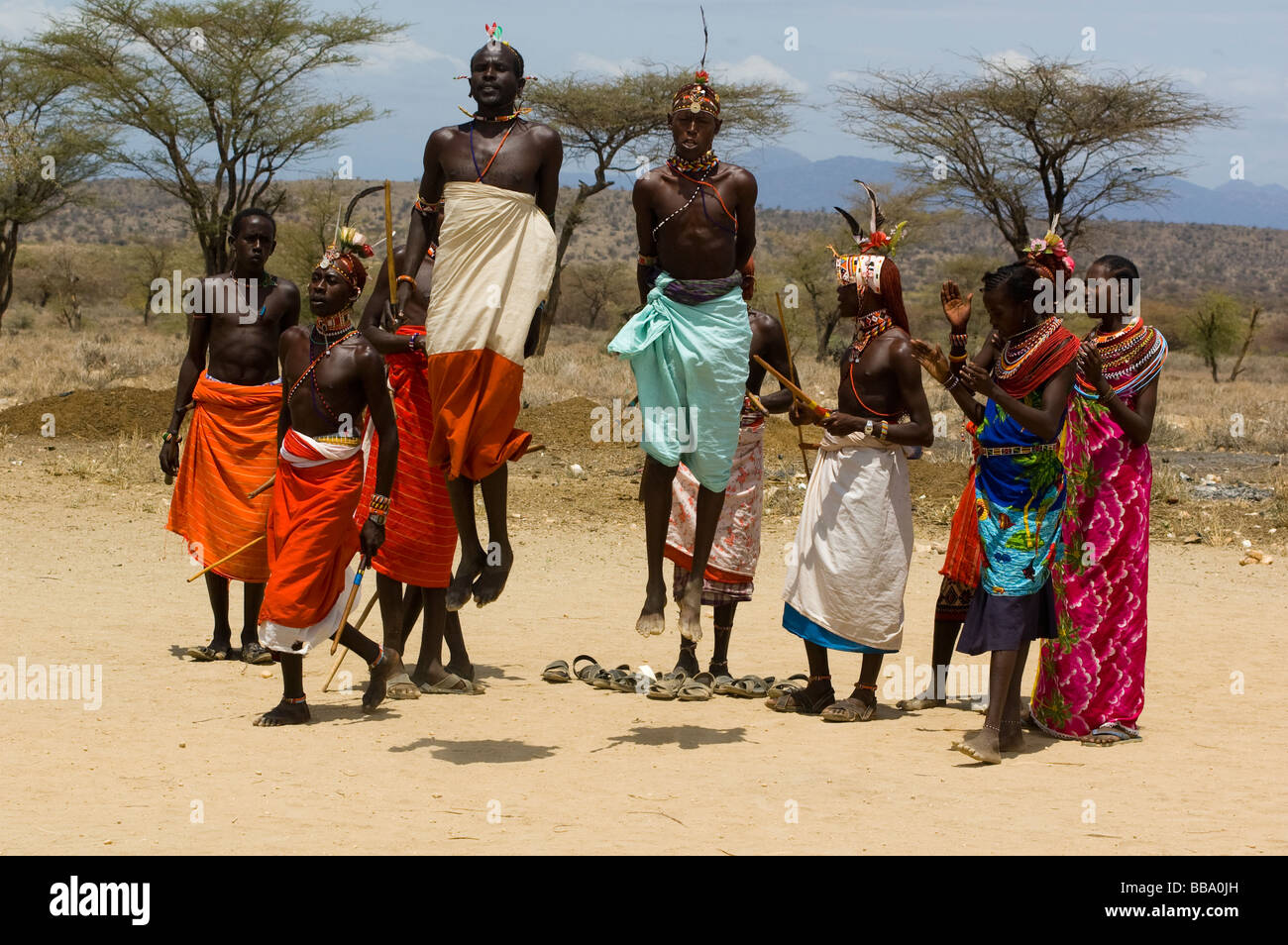 Samburu warriors dancing near Samburu Reserve northern Kenya Stock Photo