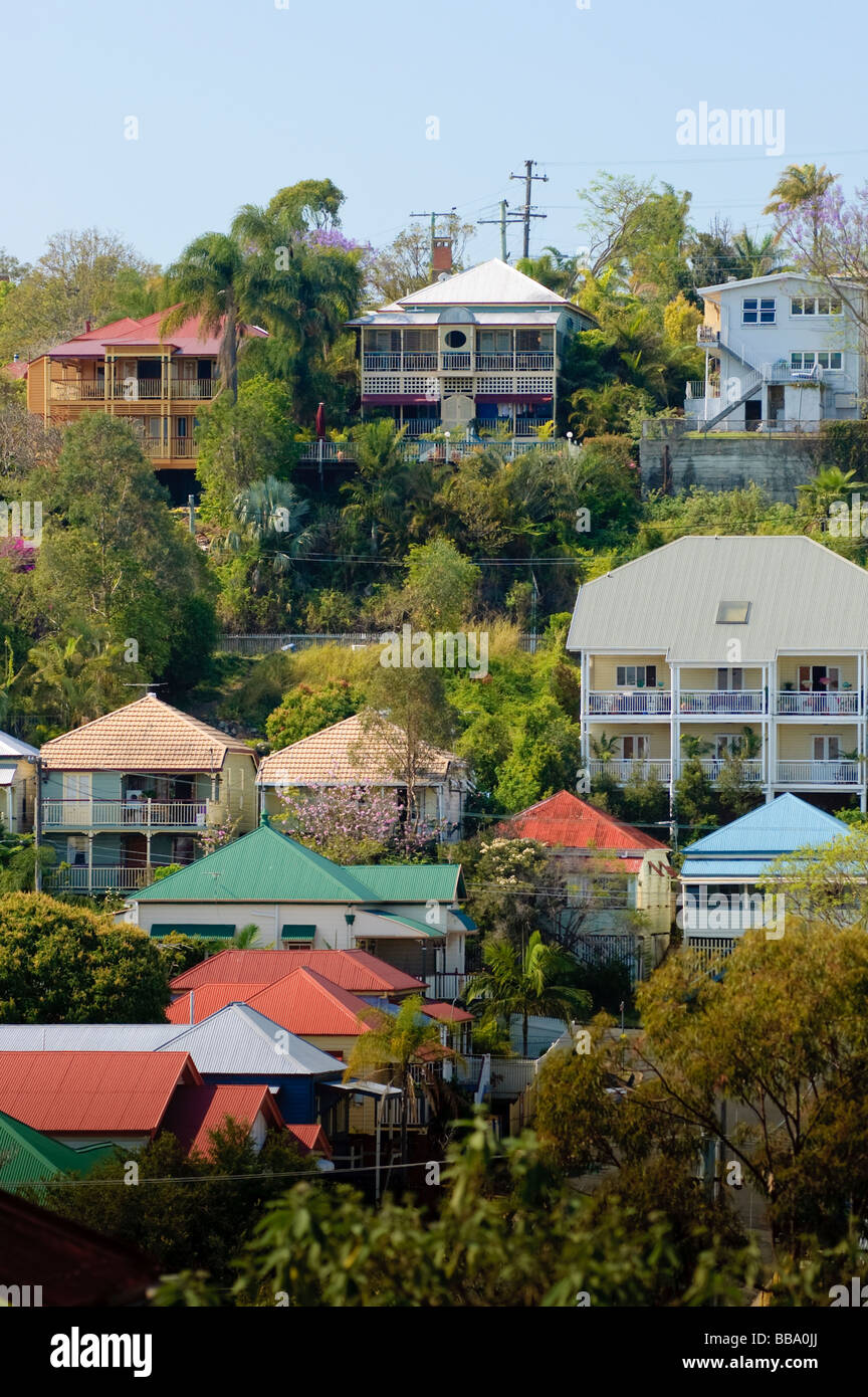 Colourful queenslander houses on a steep hillside in Paddington, Brisbane, Queensland, Australia Stock Photo
