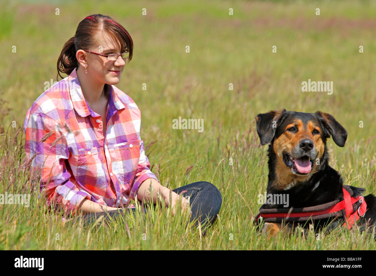 a young girl and her big dog Stock Photo