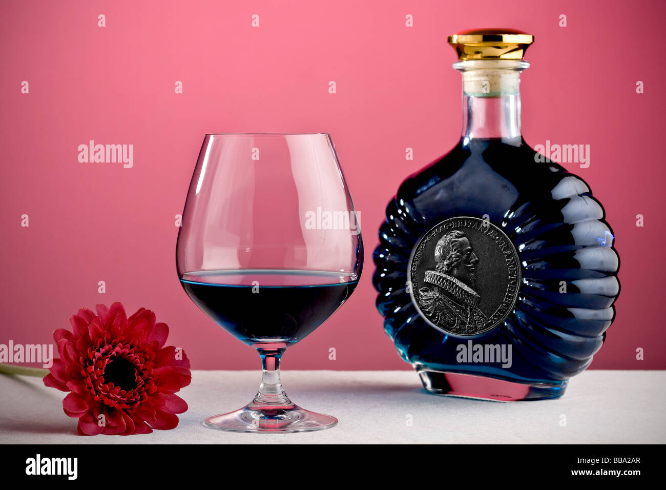 Cognac glass and bottle Stock Photo Alamy