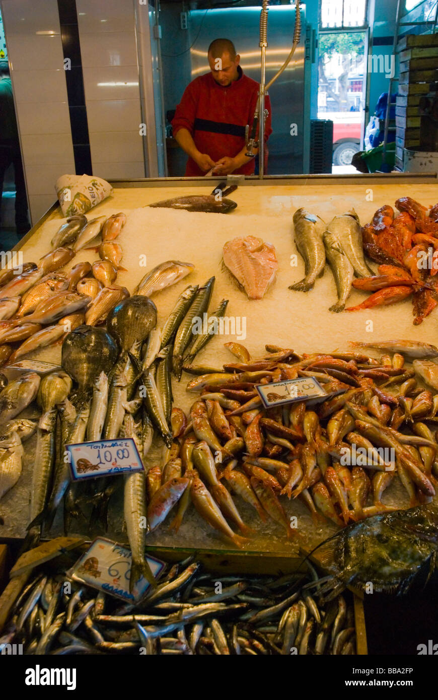 Fish stall at indoor market in Hania Crete Greece Europe Stock Photo ...