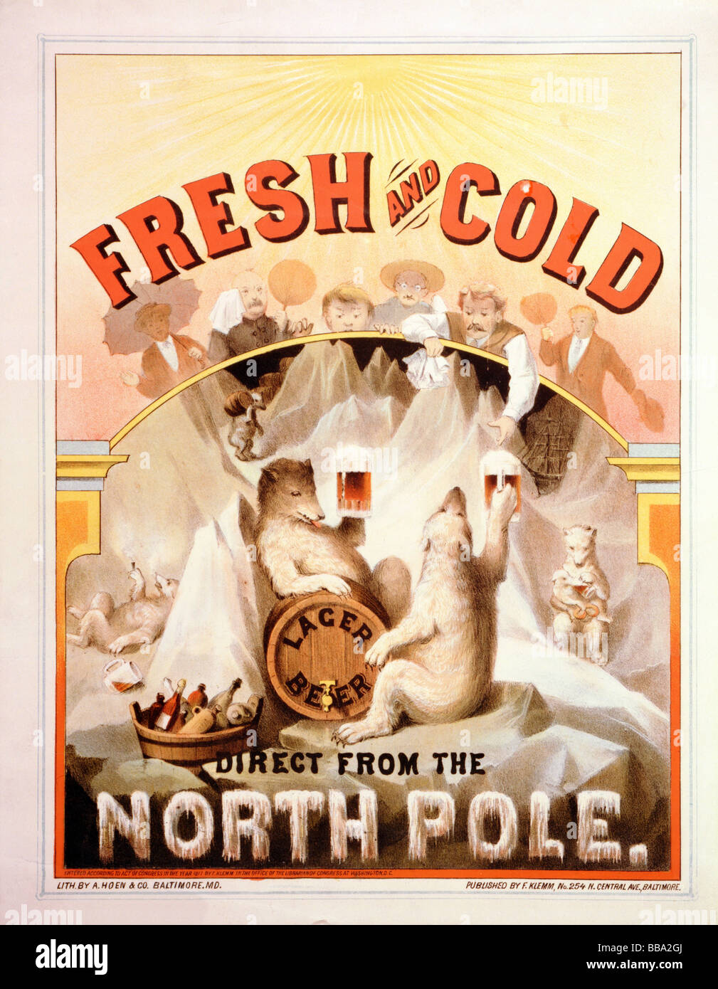 Late nineteenth century (circa 1877) lithograph poster advertising “Fresh and cold lager beer direct from the North Pole”. Stock Photo