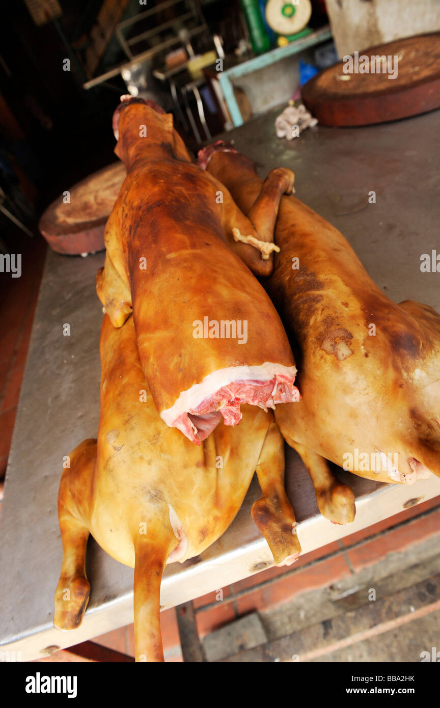 whole dogs for cooking (Thit Cho) in fron of restaurant, Hanoi, vietnam. Stock Photo