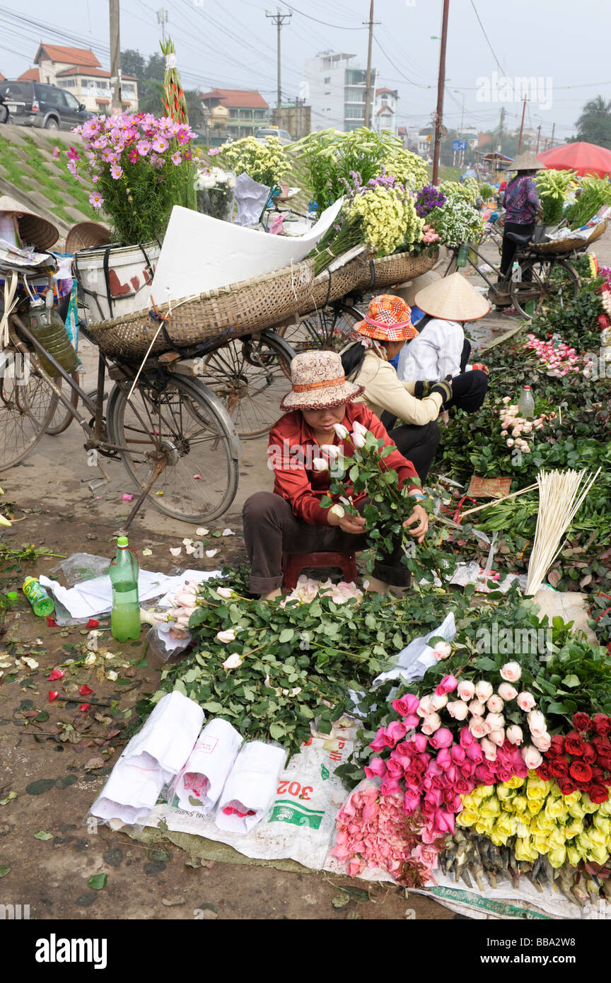Flower venders at Tay Ho flower market, Hanoi, vietnam. Stock Photo