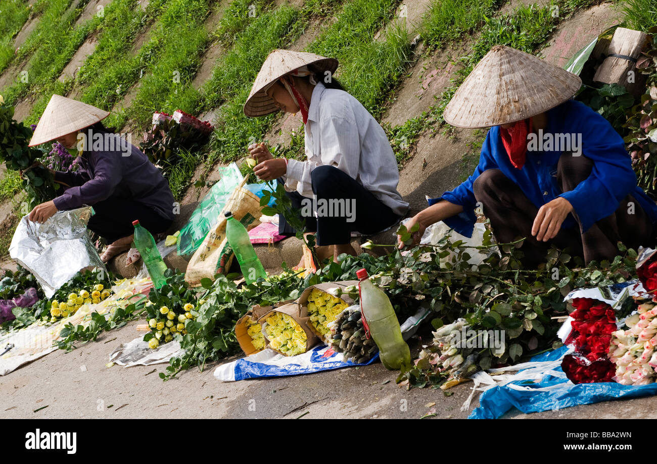 Flower venders wearing cone hat at Tay Ho flower market, Hanoi, vietnam. Stock Photo