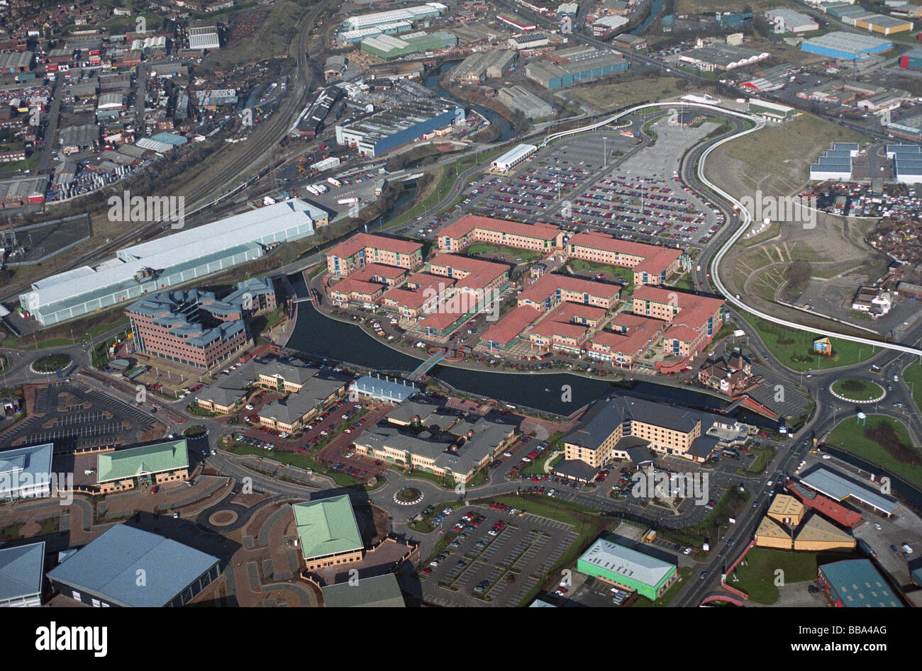 Aerial view of Merry Hill Waterfront, Brierley Hill near Dudley, West Midlands, England. 13/3/95