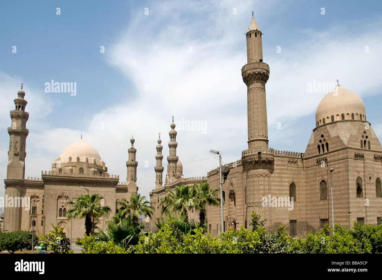 Old Cairo down town Egypt Sultan Hassan mosque left and Ali Al Rifai mosque right Stock Photo