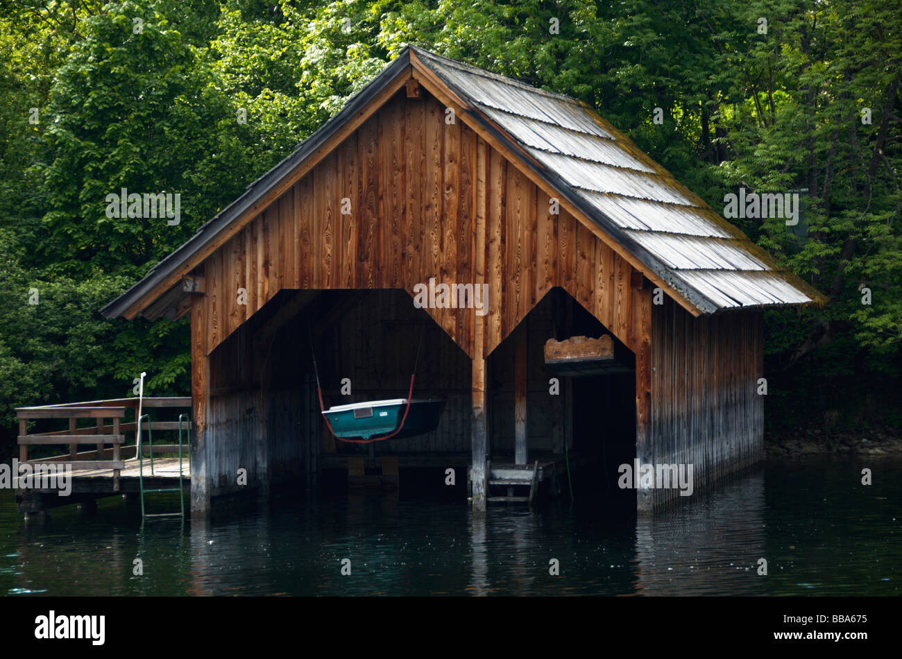 Old boat house, lake Altaussee, Salzkammergut, Styria, Austria, Europe Stock Photo