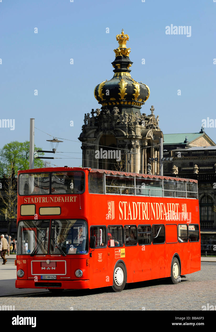 Double-decker bus, sightseeing tour in front of Zwinger Palace, Zwingermoat, Crown Gate, Dresden, Free State of Saxony, Germany Stock Photo