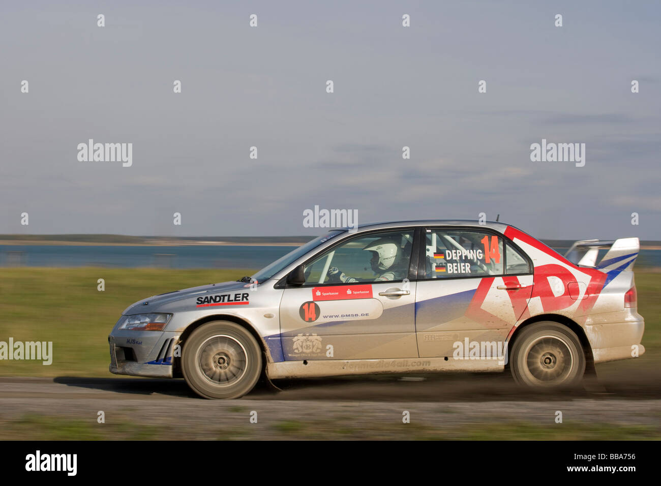 Mitsubishi Lancer Evo VII, speed, panned shot, Lausitz Rally, motorsports, Baerwald Lake, Saxony, Germany, Europe Stock Photo