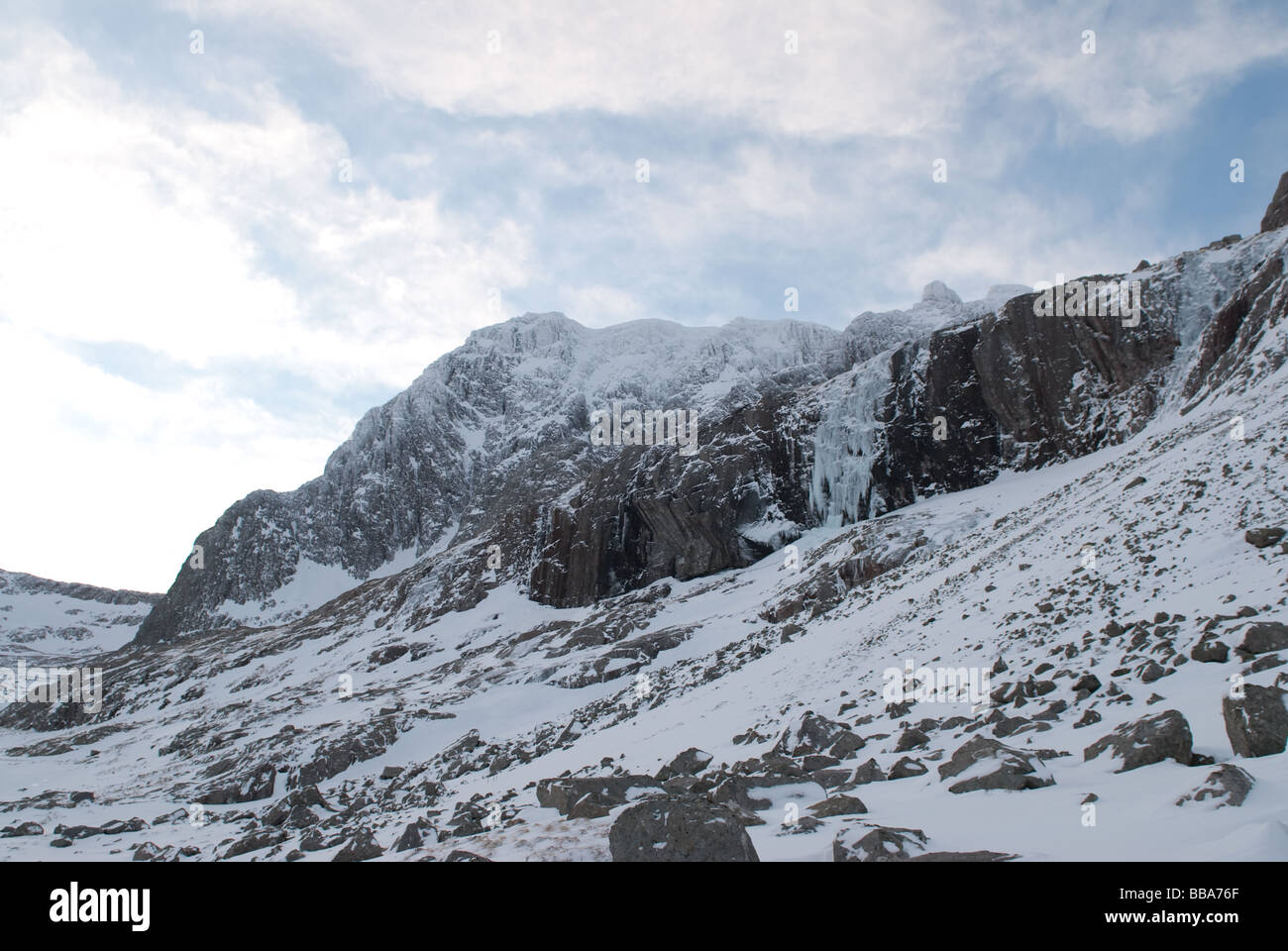 North Face of Ben Nevis showing Orion Face, Observatory Tower and Castle ridge and Ridges in winter with a blue sky background Stock Photo