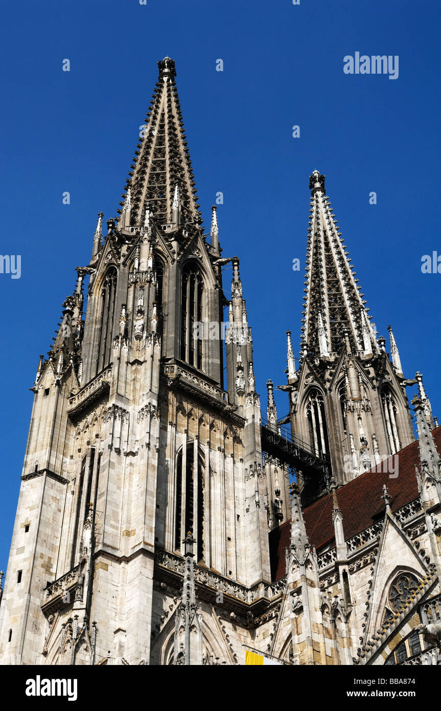 Gothic towers of St. Peter's Cathedral against a blue sky, Regensburg, Lower Bavaria, Germany, Europe Stock Photo