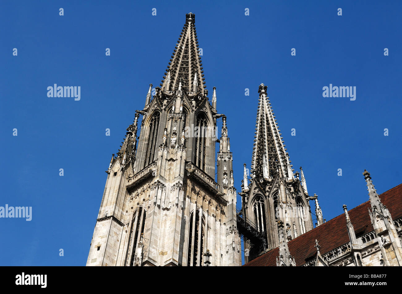 Gothic towers of St. Peter's Cathedral against a blue sky, Regensburg, Lower Bavaria, Germany, Europe Stock Photo