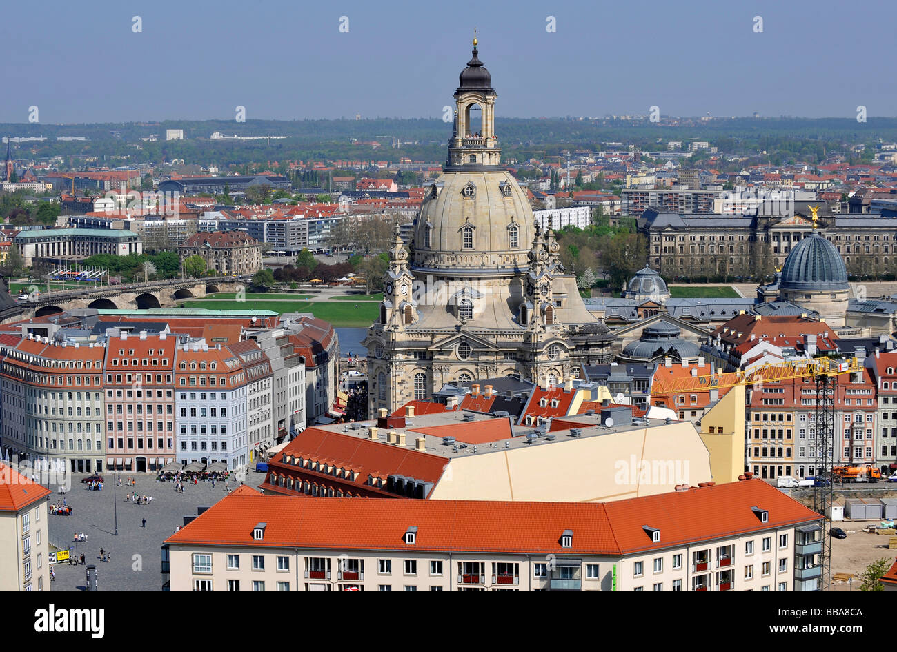 Panoramic view over the city of Dresden with Kreuzkirche, Church of the Cross and Frauenkirche, Church of Our Lady on Neumarkt  Stock Photo
