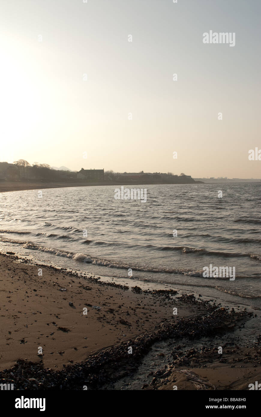 Dusk light on Portobello Beach and Joppa from Musselburgh Harbour showing Edinburgh and the