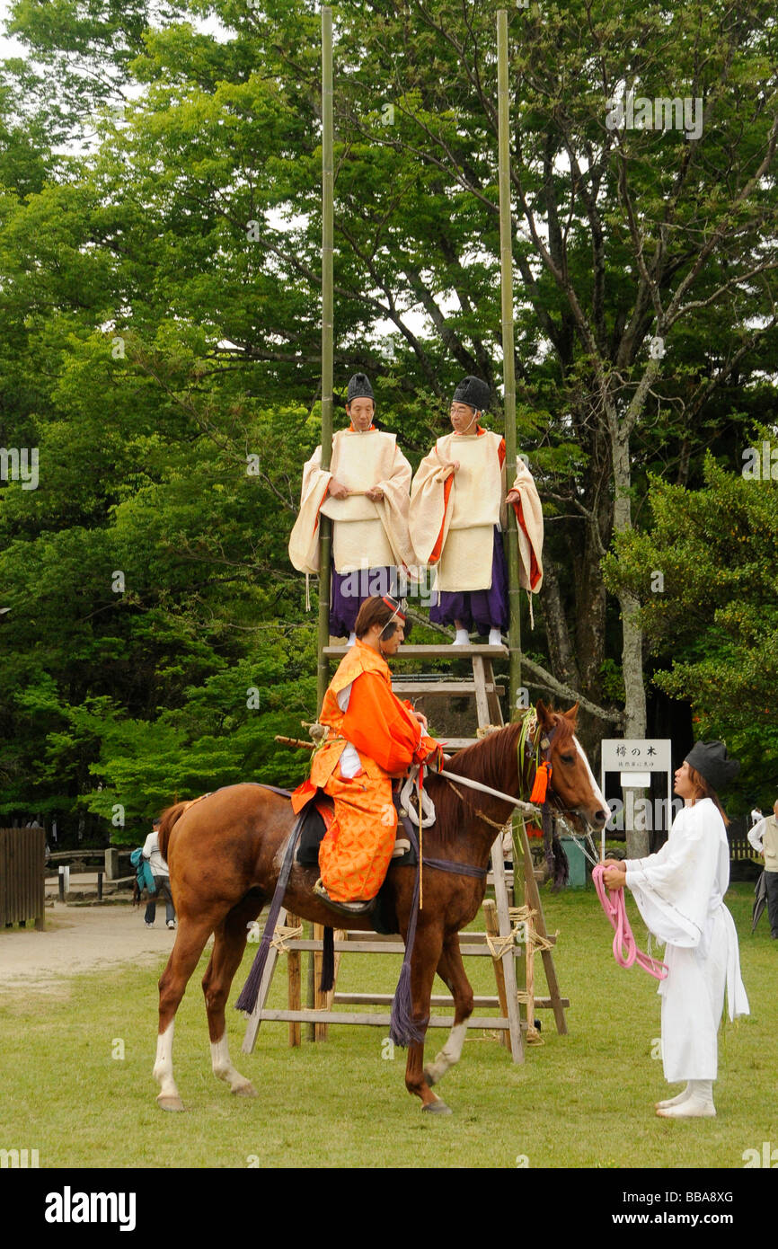 Riders at the awards ceremony, equestrian festival at the Kamigamo Shinto Shrine, Kyoto, Japan Stock Photo