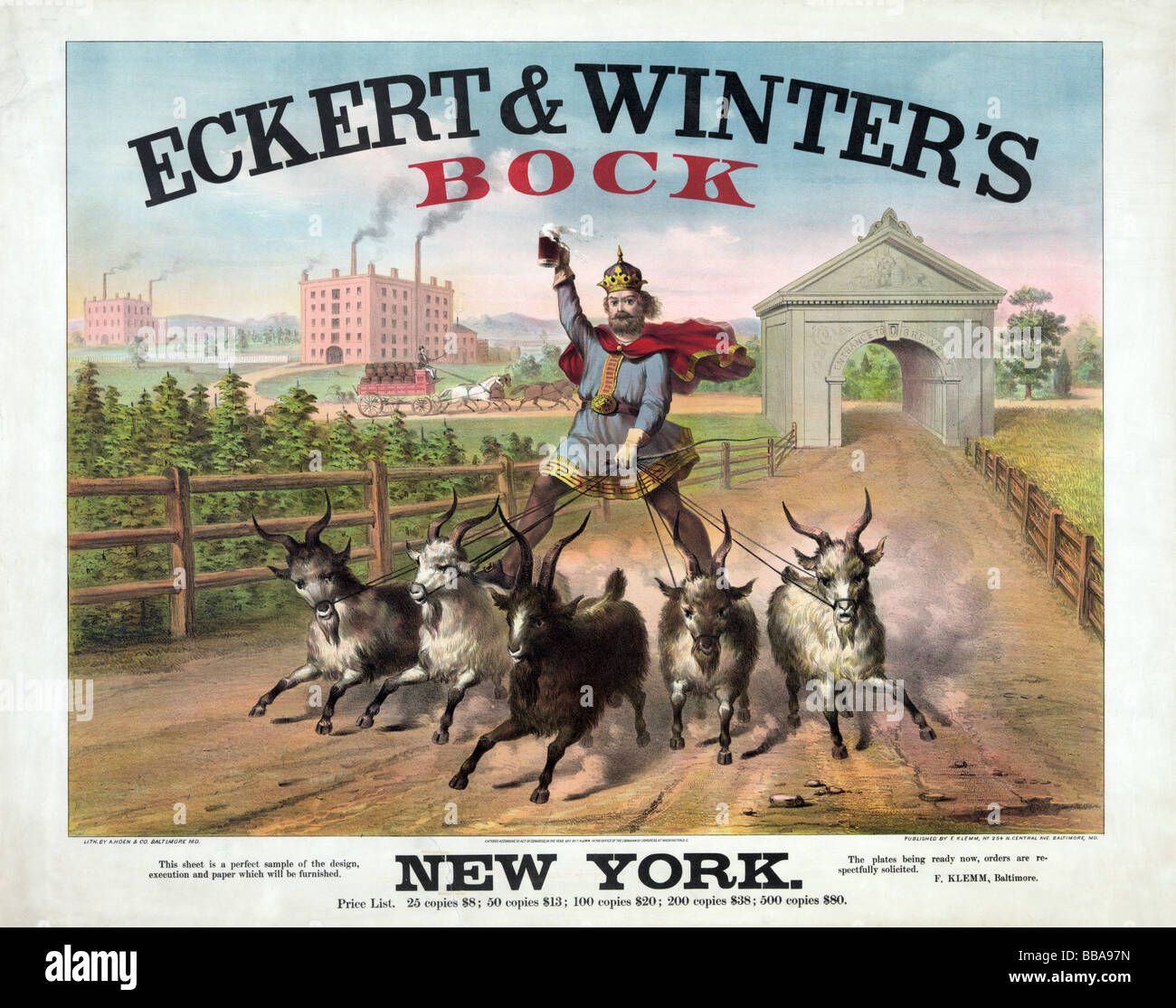 Late nineteenth century (circa 1870s) lithograph poster by A Hoen & Co advertising Eckert & Winter’s Bock Beer, of New York. Stock Photo