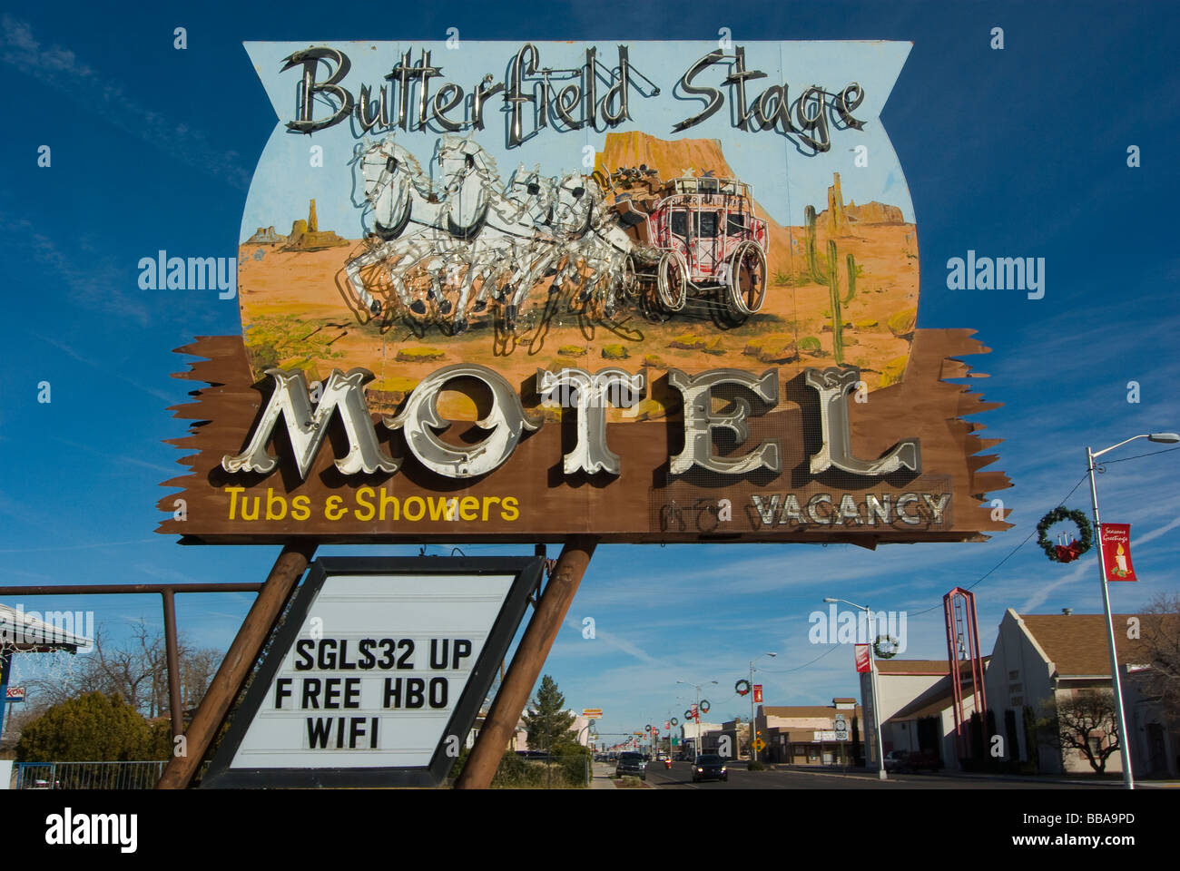 Butterfield Stage Motel sign, Deming, New Mexico, USA. Stock Photo