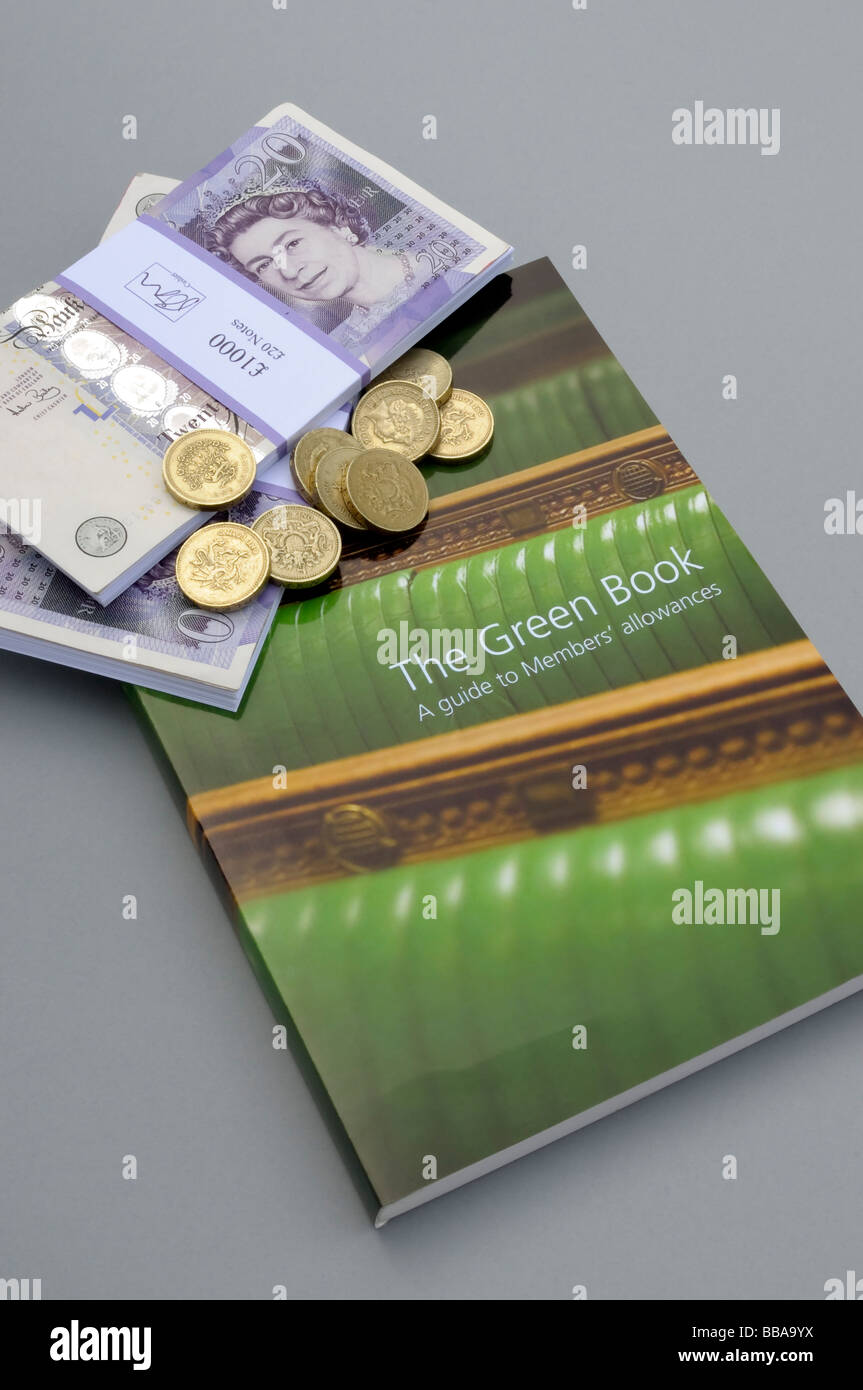 The Official House of Commons Rulebook on Allowances underneath a pile of cash, symbolising MP's abuse of expenses. Stock Photo