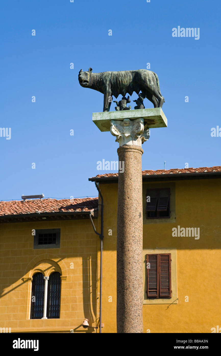Capitoline Wolf, brothers Romulus and Remus, children of the god Mars, founders of Rome, Piazza dei Miracoli, Pisa, Tuscany, It Stock Photo