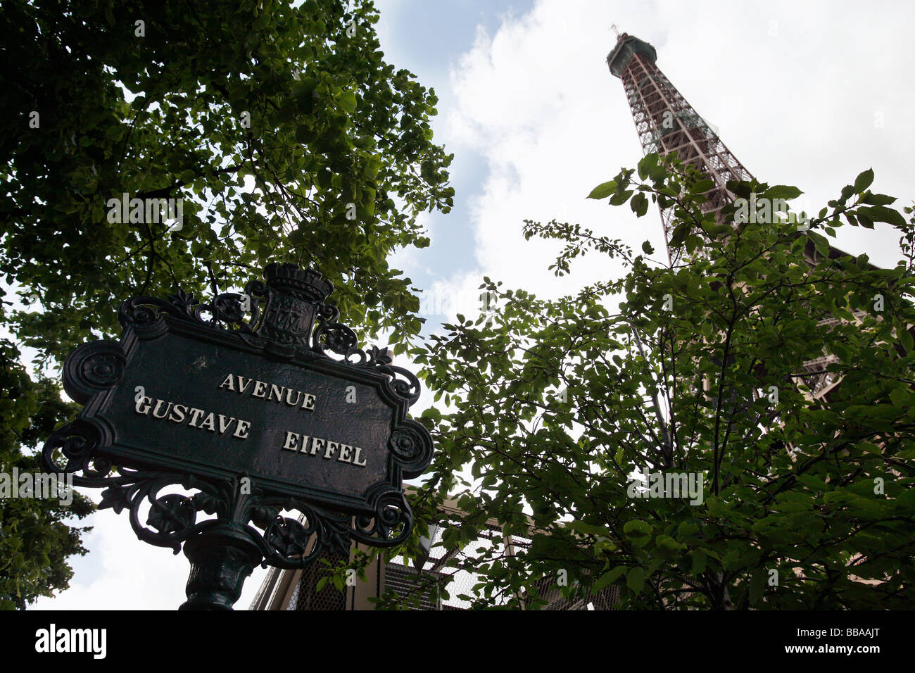 View of the Eiffel Tower from Avenue Gustave Eiffel Stock Photo