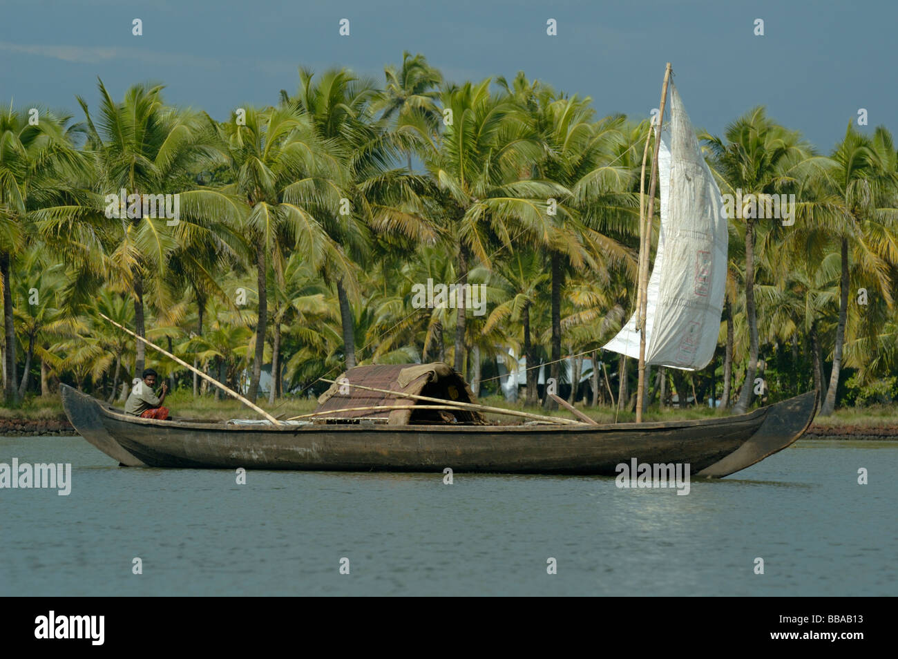 India, Kerala, backwaters. Fisherman in the backwaters between Kollam to Allepey. No releases available. Stock Photo