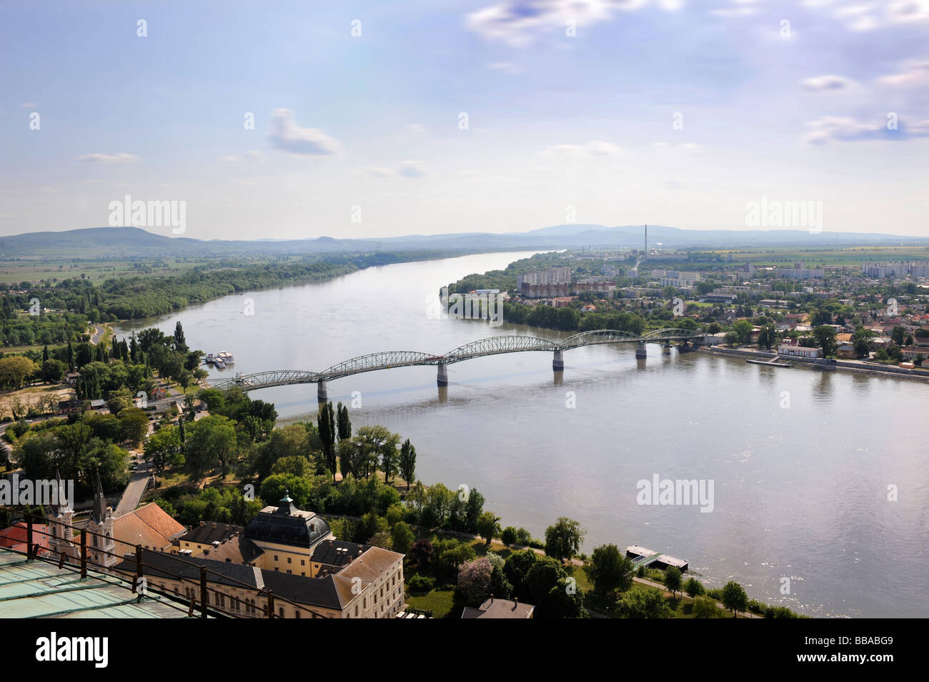 The Maria Valeria Bridge crossing the River Danube with the Slovakian border town of Sturovo right and Esztergom left in Hungary Stock Photo