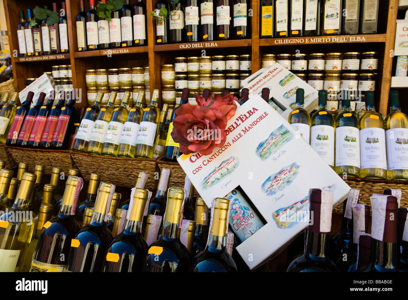Wines from Elba, wine shop in Marina di Campo, Elba, Tuscany, Italy, Europe Stock Photo