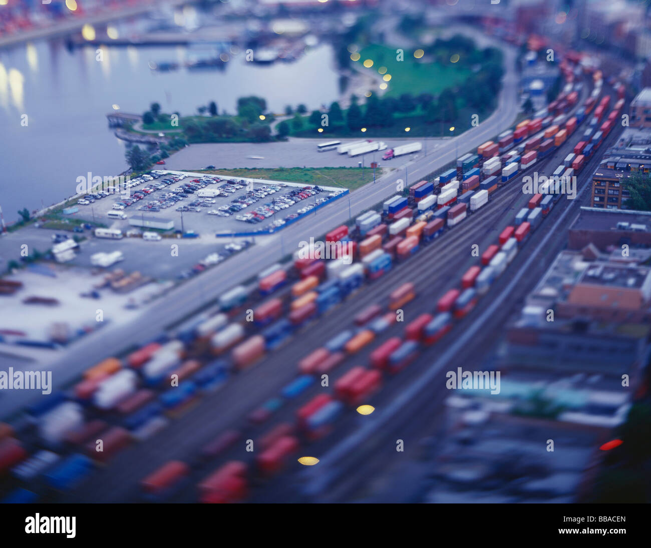 Cargo trains in a shunting yard, tilt-shift photography Stock Photo