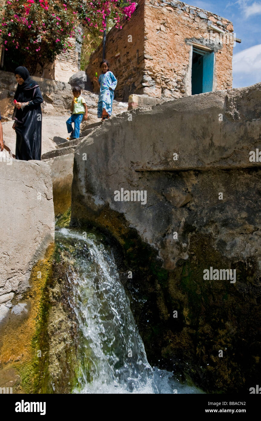 Aflaj ancient water irrigation system in the village of Misfat Al Abriyyin in Jabal Al Akhdar, Dhakiliya region Oman Stock Photo