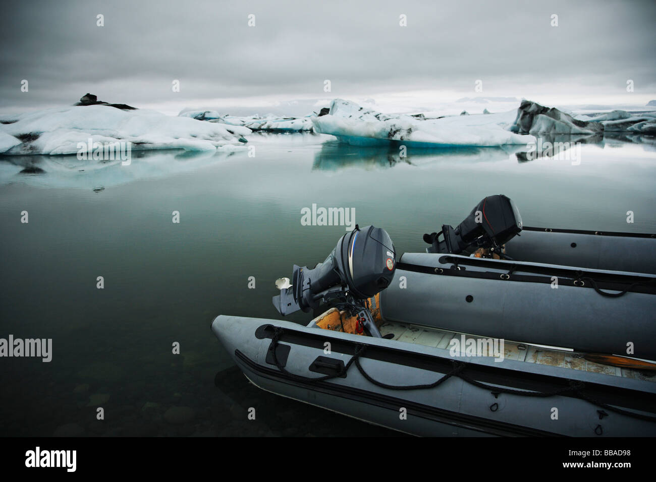 Two outboard motorboats on a glacial lagoon Stock Photo