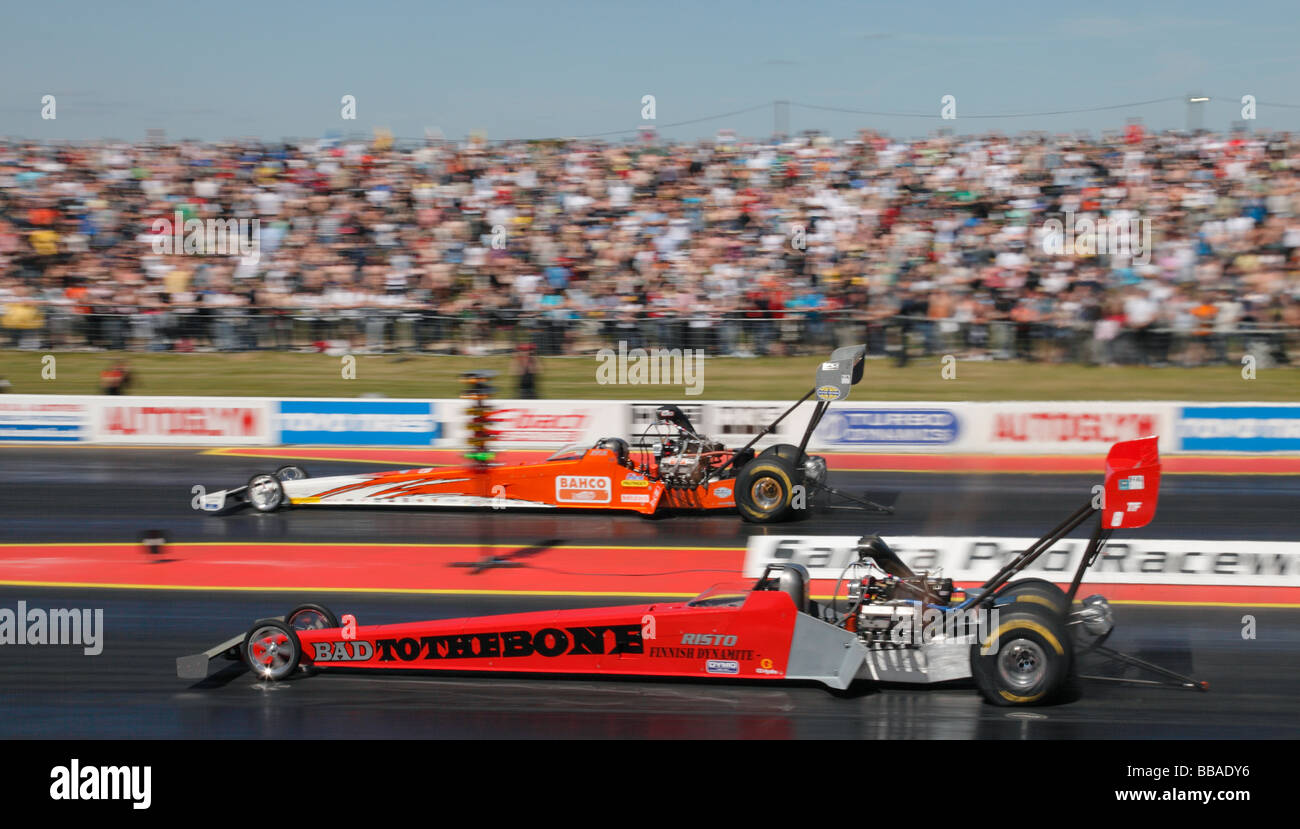 Top Fuel dragsters at Santa Pod Raceway England UK. Stock Photo