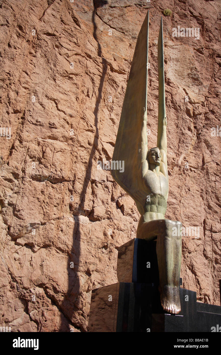 Art deco statue,angel,portrait frame right,warm glow,hoover dam,Arizona