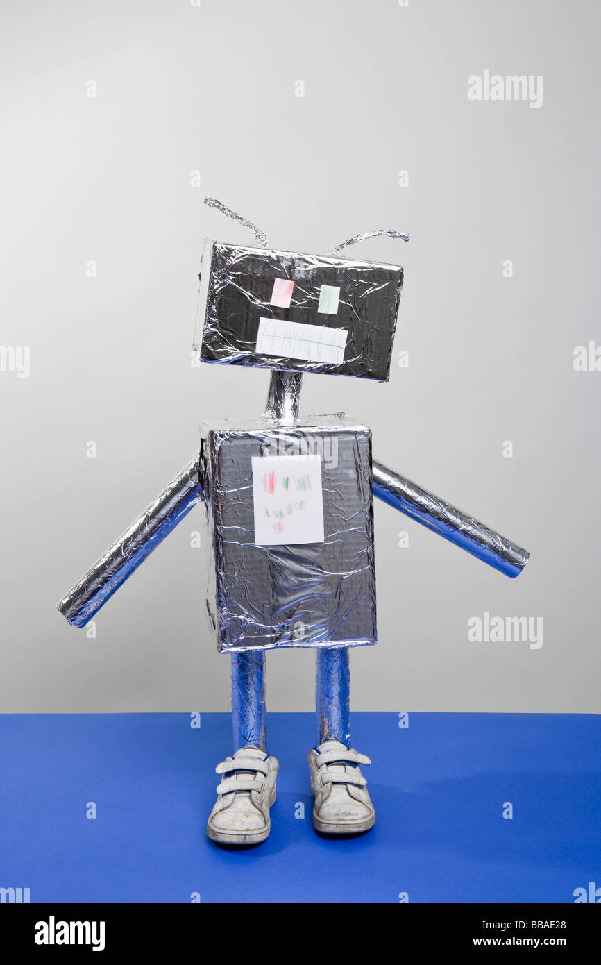 A robot made of boxes and tin foil Stock Photo