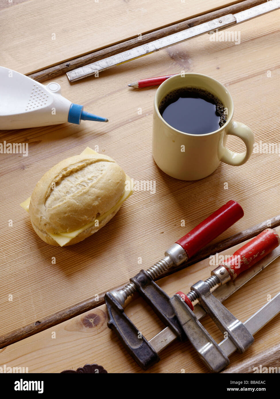 Objects on a counter in a wood workshop Stock Photo