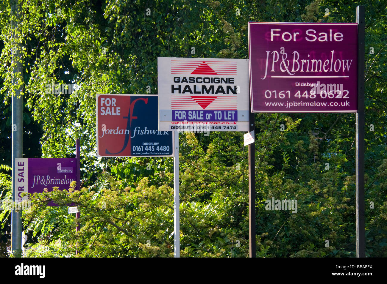 A group of property for sale signs along Barlow Moor Road in south Manchester Stock Photo