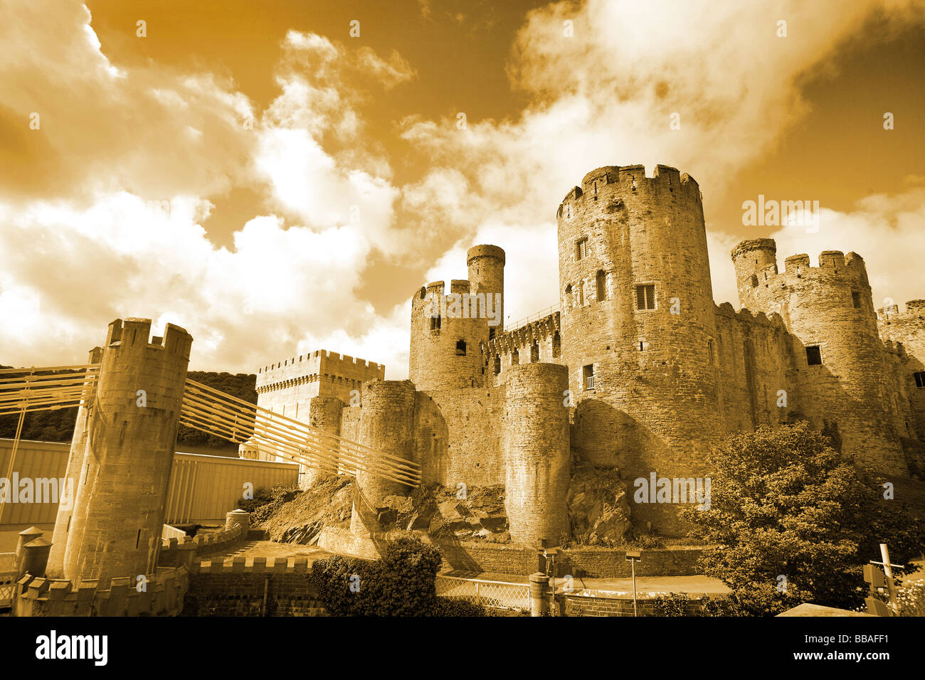 conwy castle and telford suspension bridge on the north wales coast uk