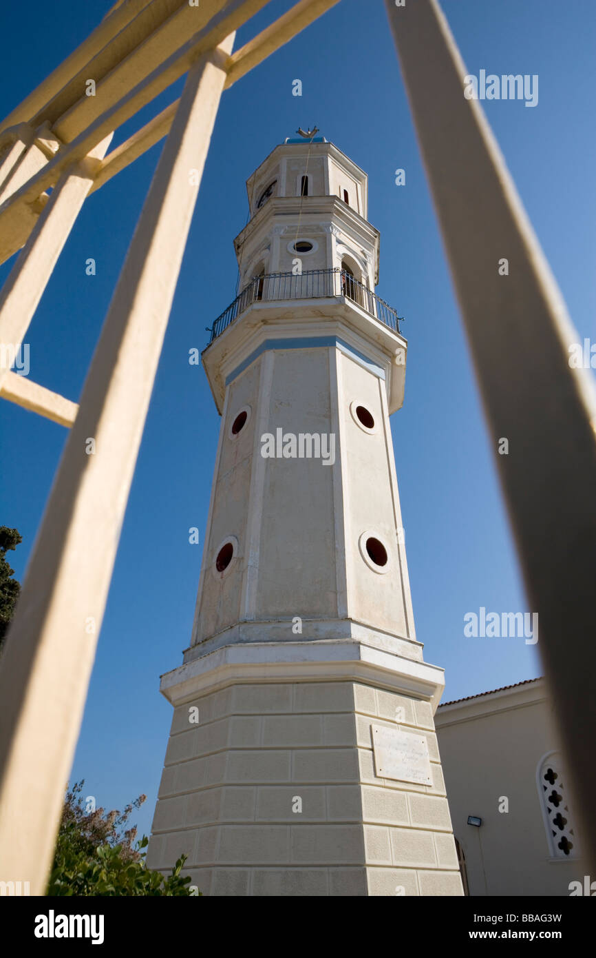 Church tower through railings near Sarlata, Lakithra. Kefalonia Stock Photo