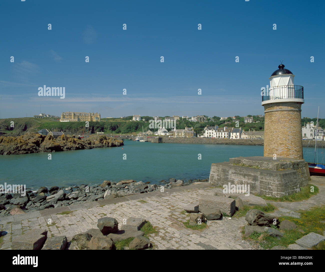 Old Lighthouse And Harbour Seen From South East Portpatrick Stock