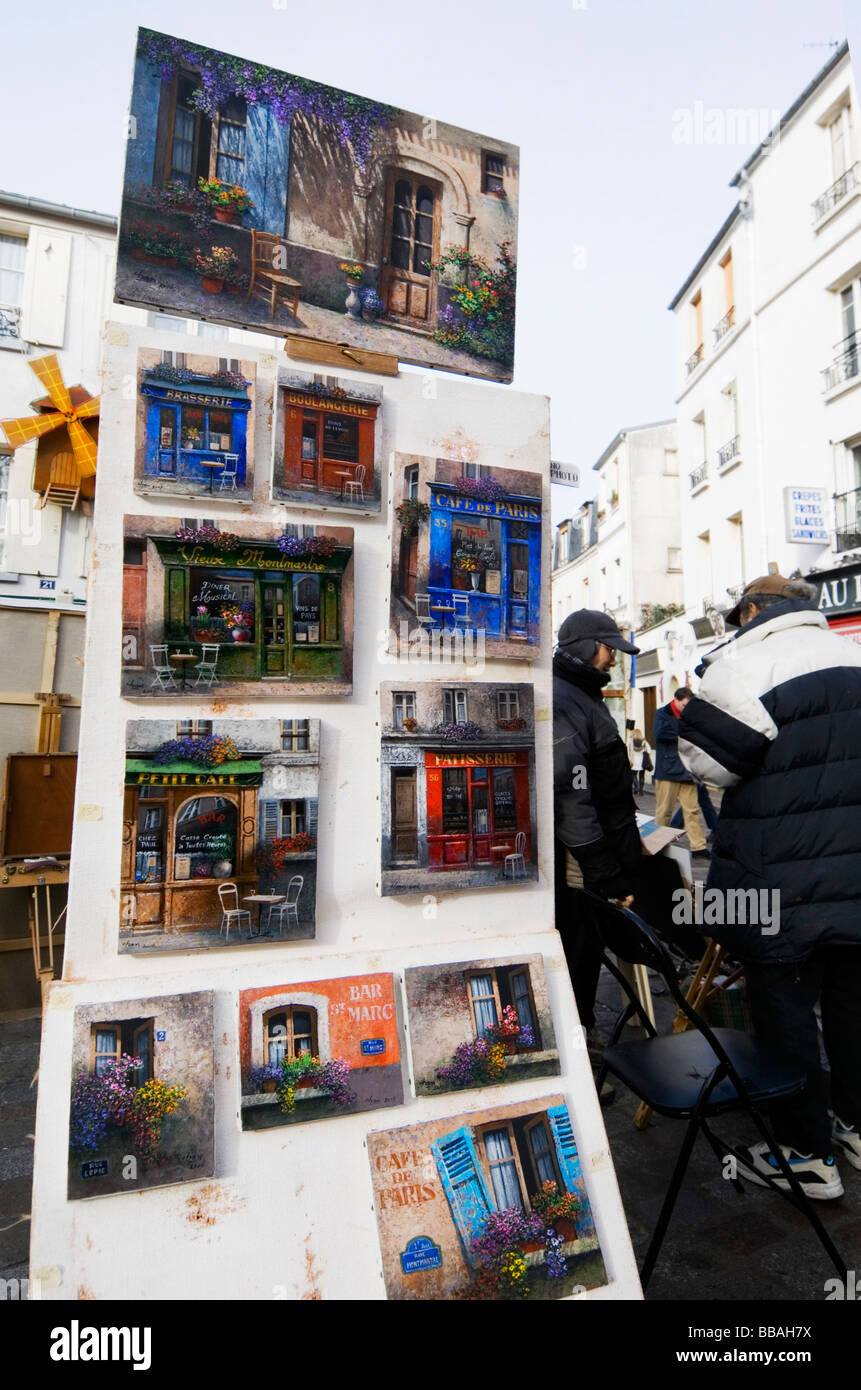 Local artists paintings for sale in Place Du Tertre, at the heart of the artist quarter of Montmartre, Paris Stock Photo